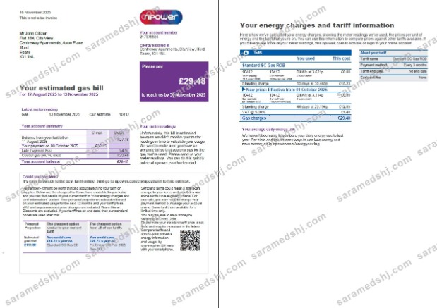 United Kingdom Npower utility bill template in Word and PDF formats, 3 pages, 1-2 page